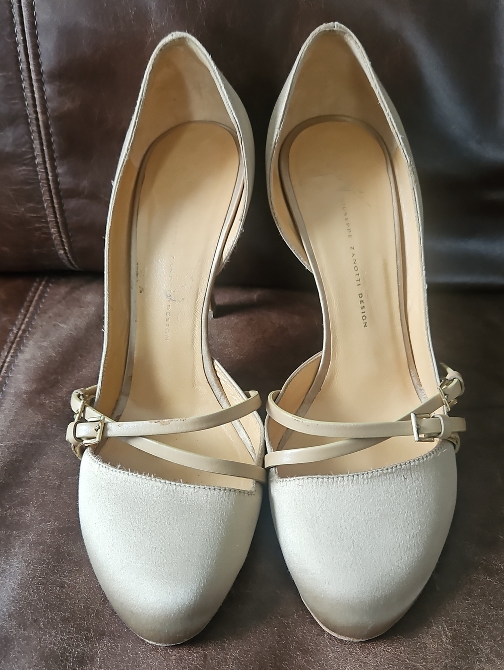 Giuseppe Zanotti Taupe Round-Toe Heels with Buckle Detail
